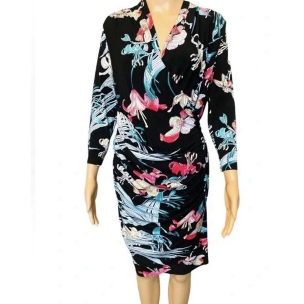 EUC JENNIFER LOPEZ, TROPICAL FLORAL FAUX WRAP BLACK KNIT DRESS SEXY!!